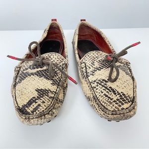 Richards leather python print driving moccasins, rubber tread, red tab & laces 8
